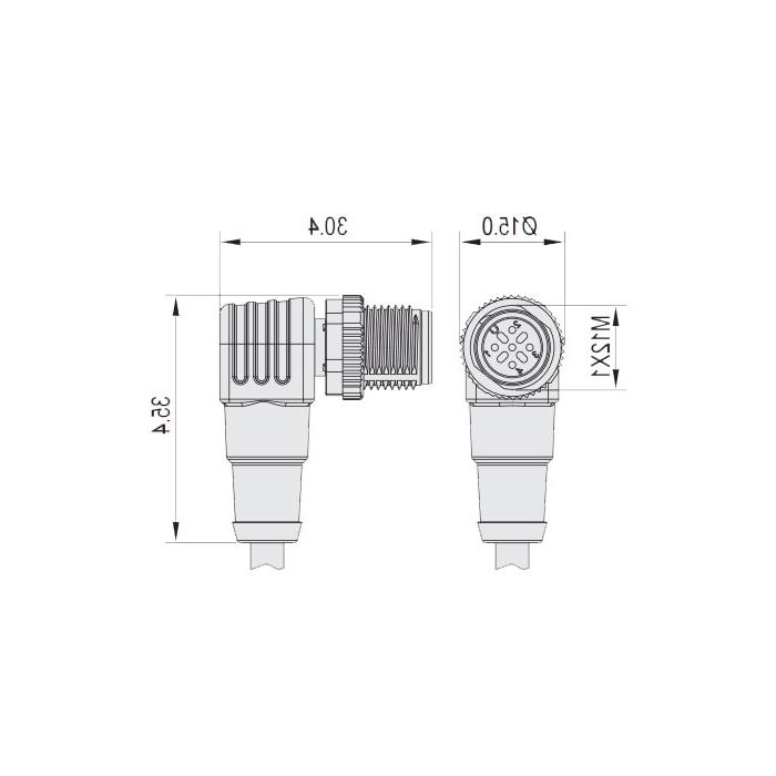 M12 4Pin、公头90°、单端预铸电缆、防焊渣PUR材质、黄色护套、64T521-XXX